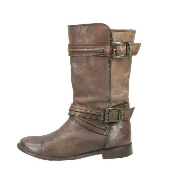 Frye Shoes - Frye Paige Brown Leather Pull On Round Toe Buckled Mid Calf Boots Size 6.5 B